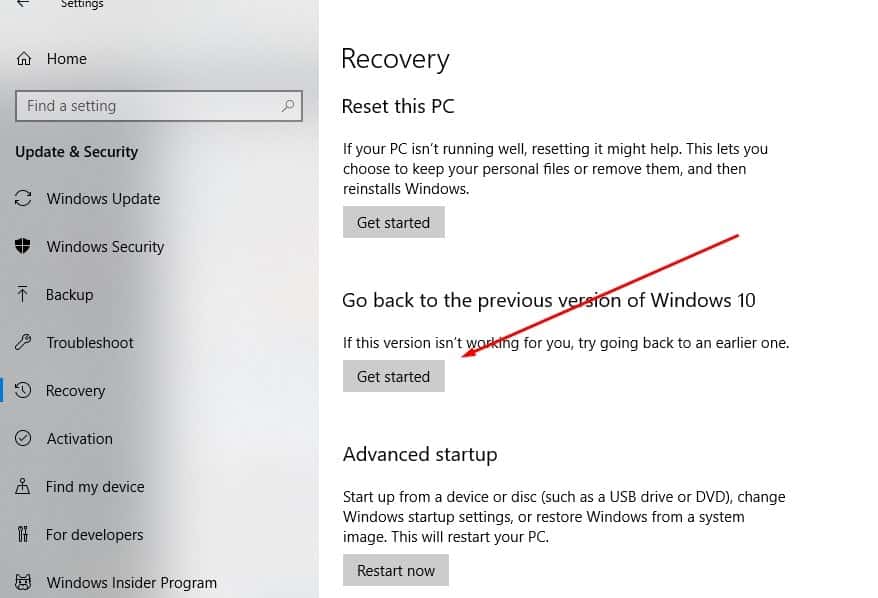 Go back to the previous version of windows 10