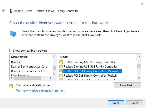 Install Network driver manually