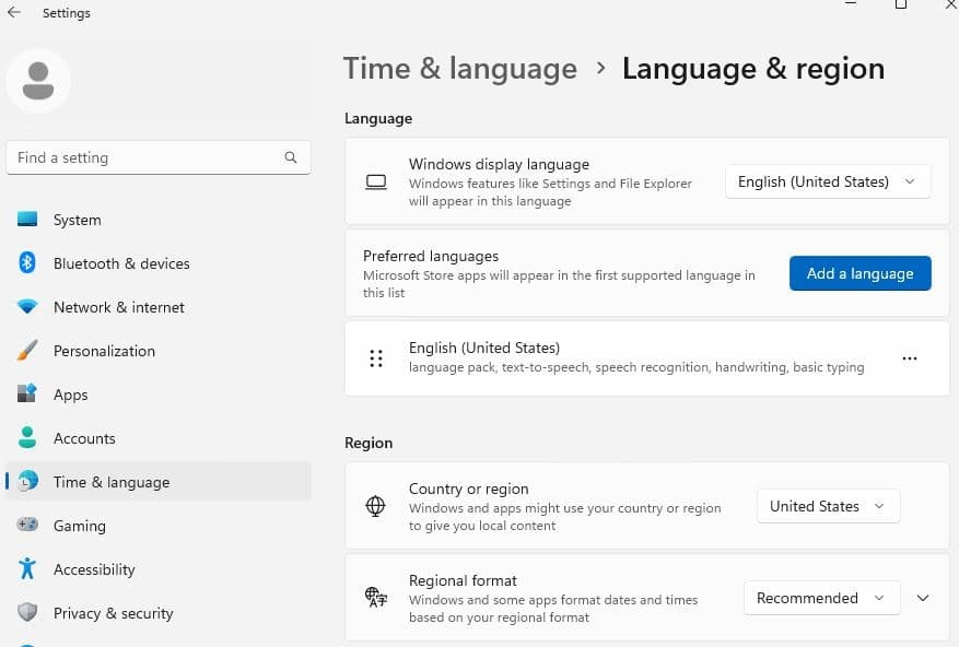 Language & Region settings