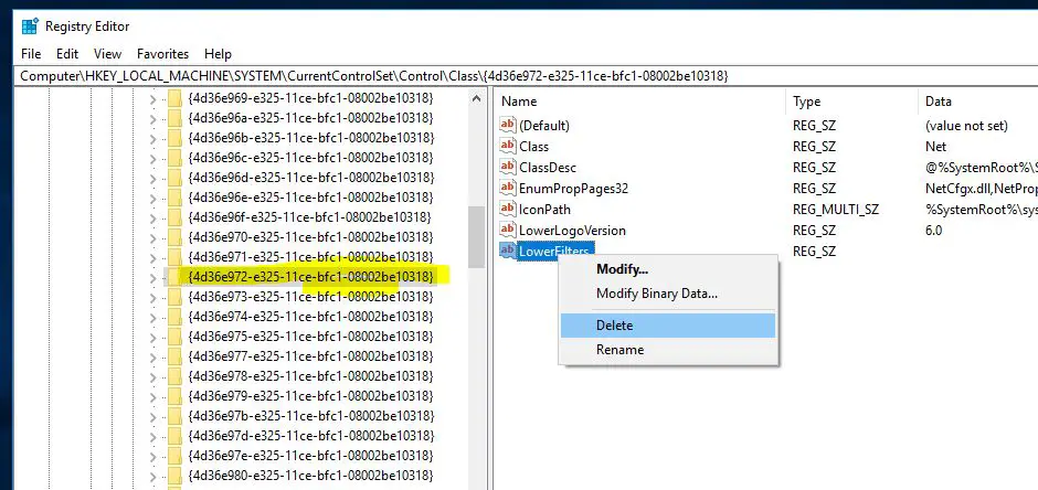 LowerFilters registry string