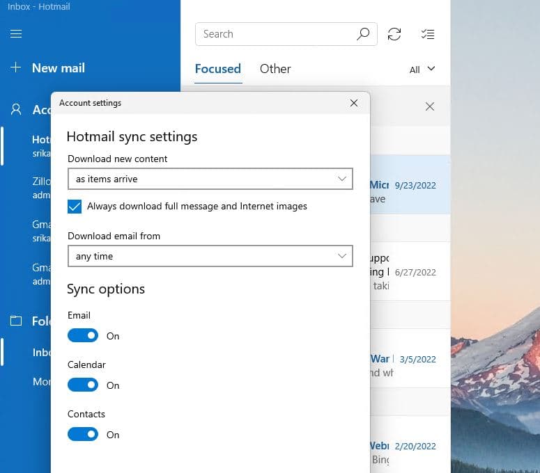 Mail app sync settings