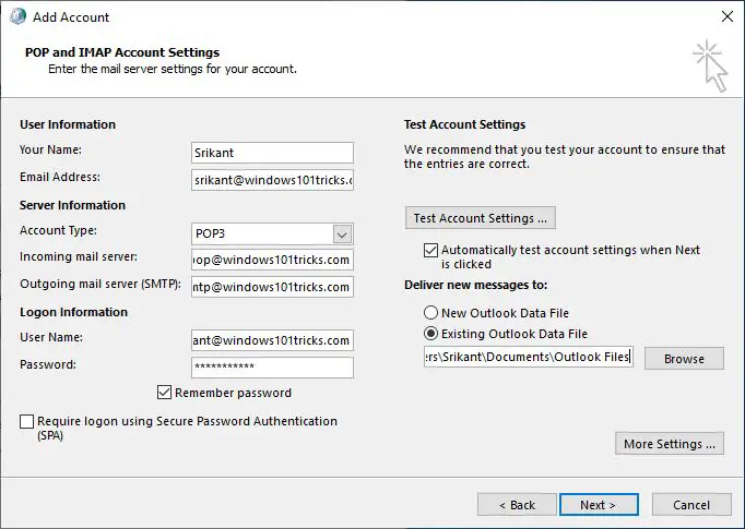 Manually setup outlook