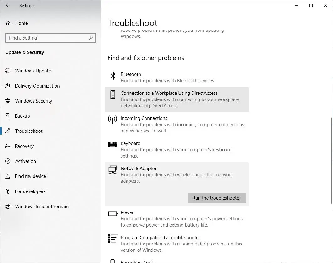 Network adapter troubleshooter