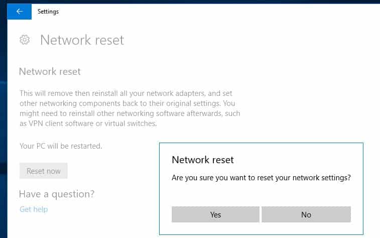 network Reset confirm