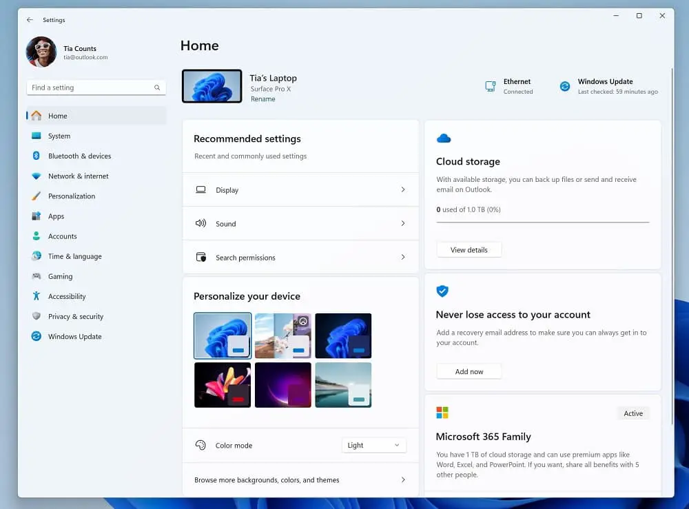 New Settings homepage