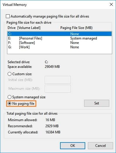 No paging file