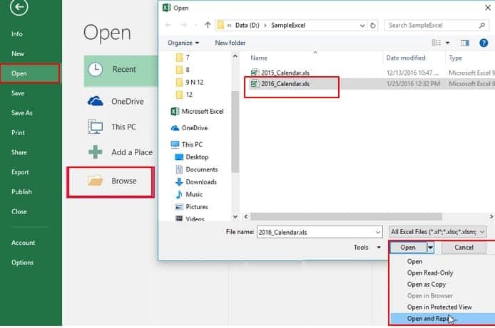 Open and repair excel