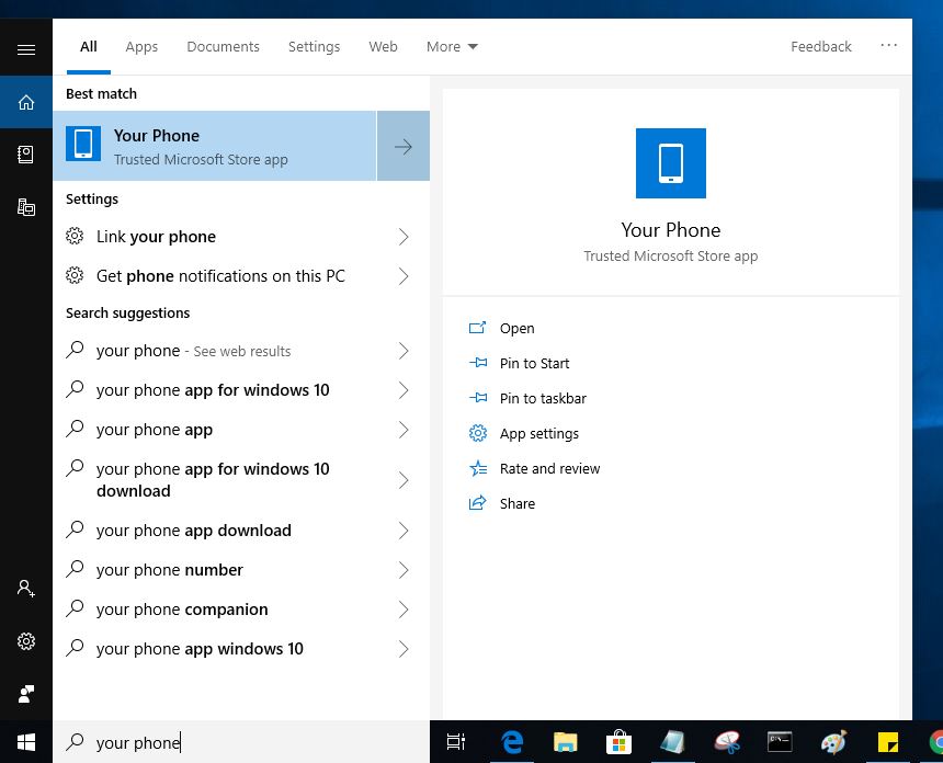 open Windows 10 your phone app