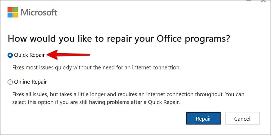 Quick repair outlook