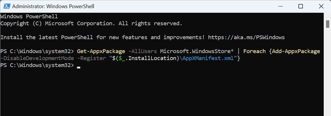 Reinstall Microsoft store