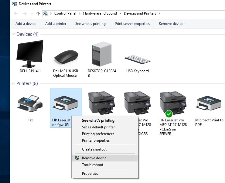 Remove printer form device and printers