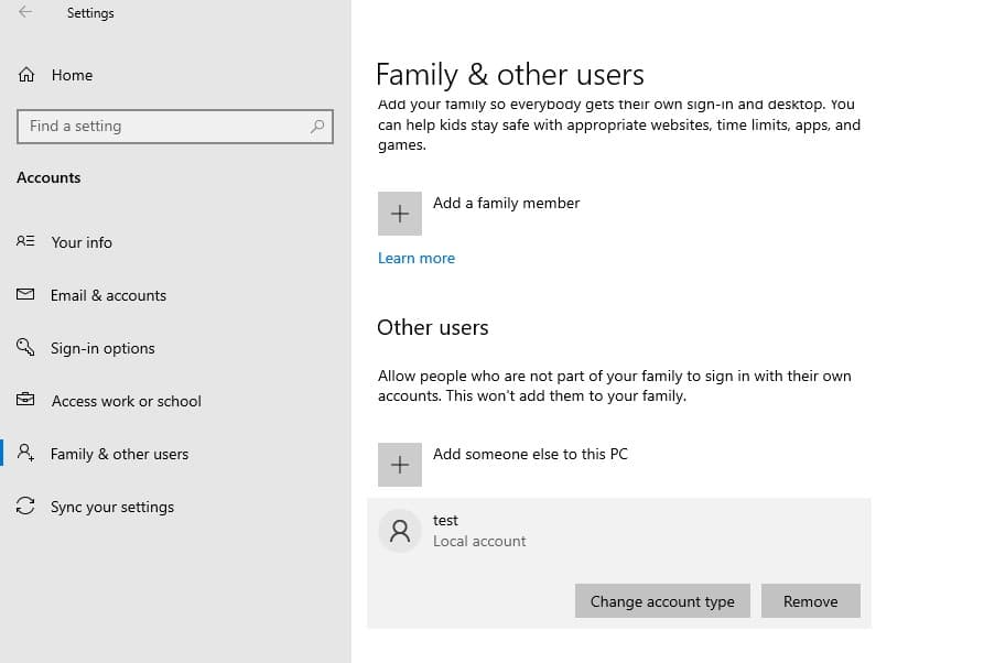 Remove user account windows 10