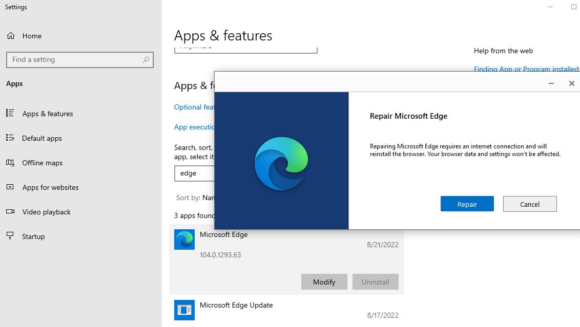 Repair edge browser windows 10