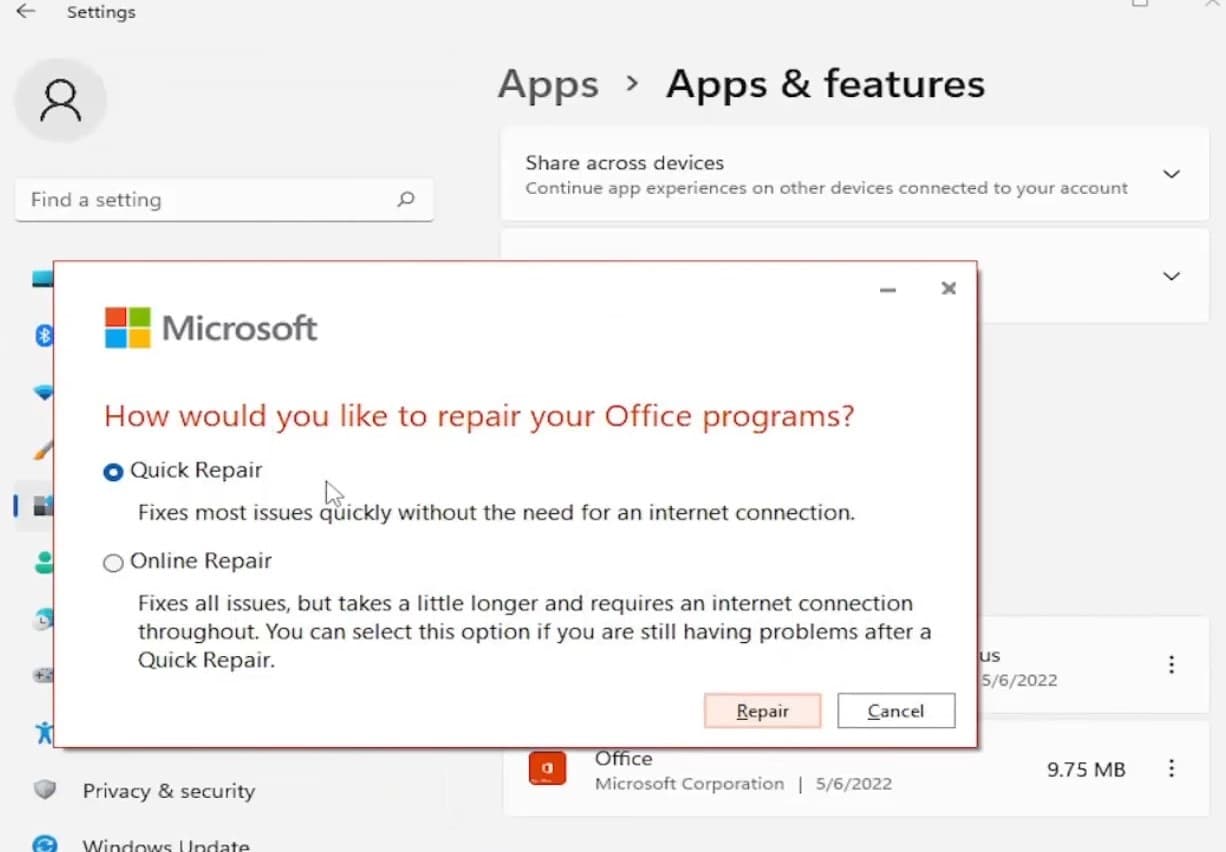 Repair Microsoft office