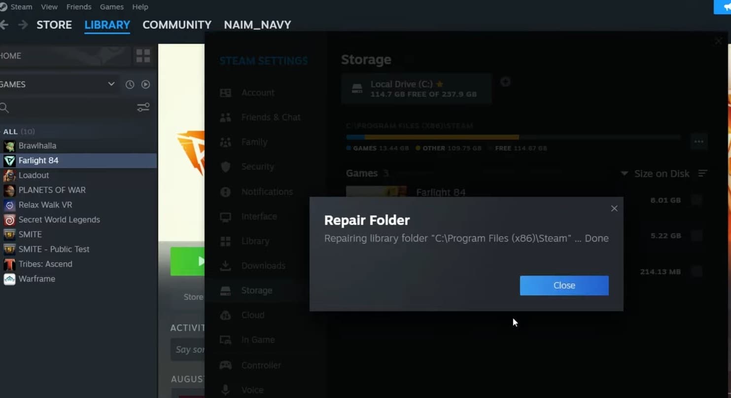 Repair steam Library Folder to fix steam disk write error