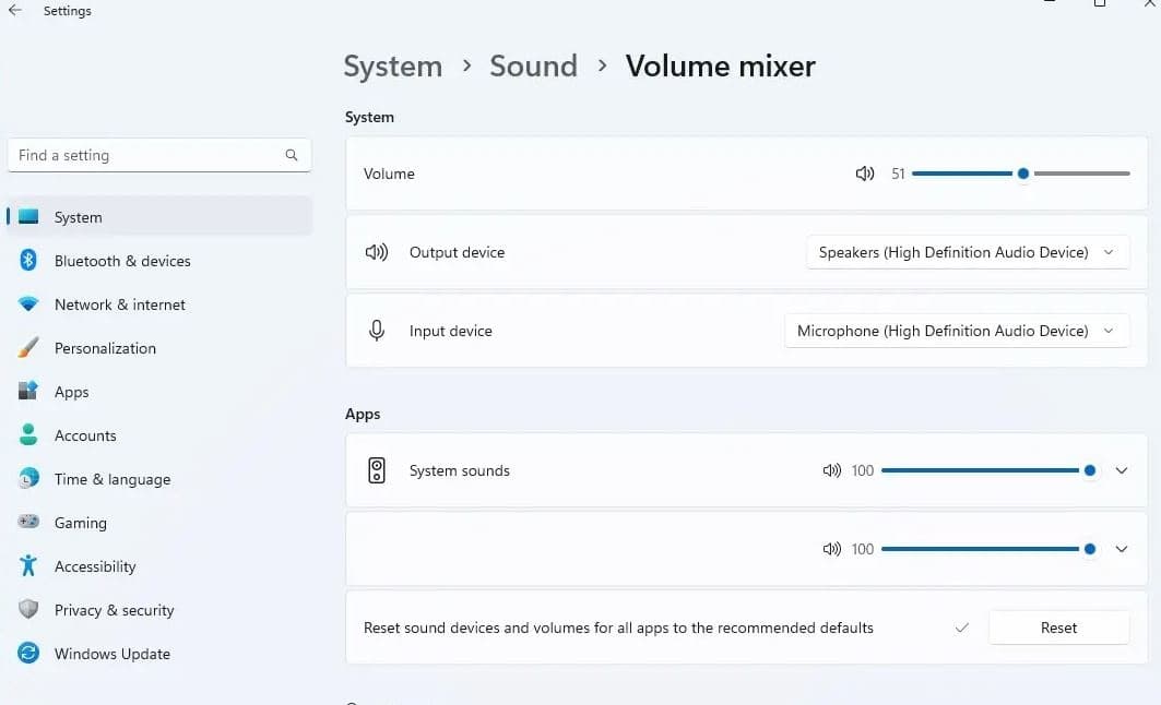 Reset Audio on windows 11