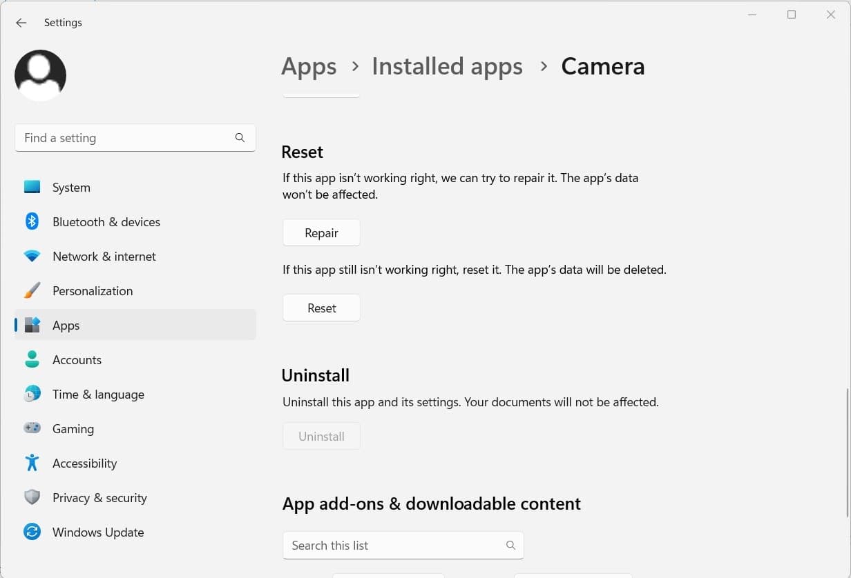 Reset camera app