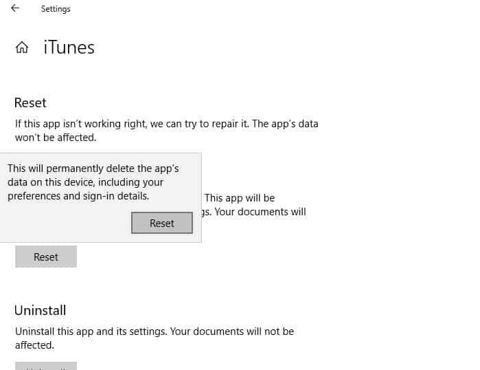 Reset iTunes on Windows 10
