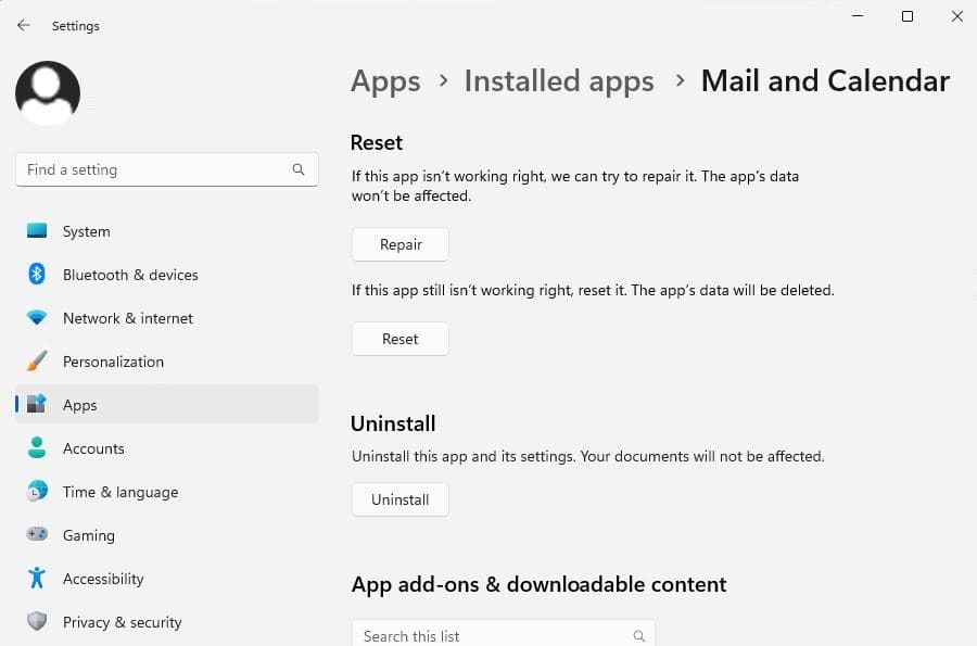 Reset Mail app