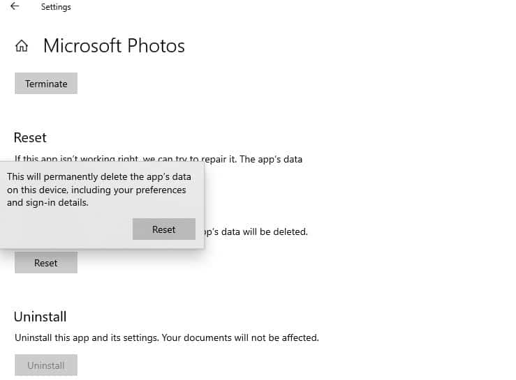 Reset Microsoft photos app