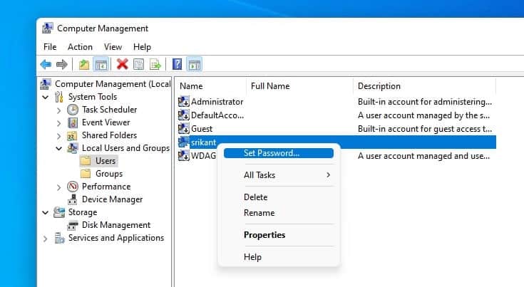 Reset password on computer management