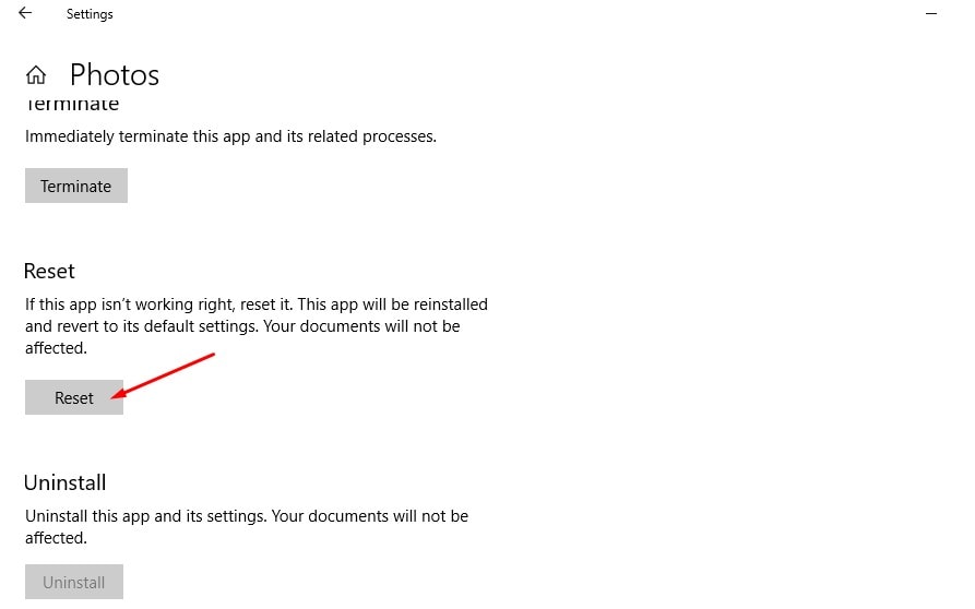 Reset photos app