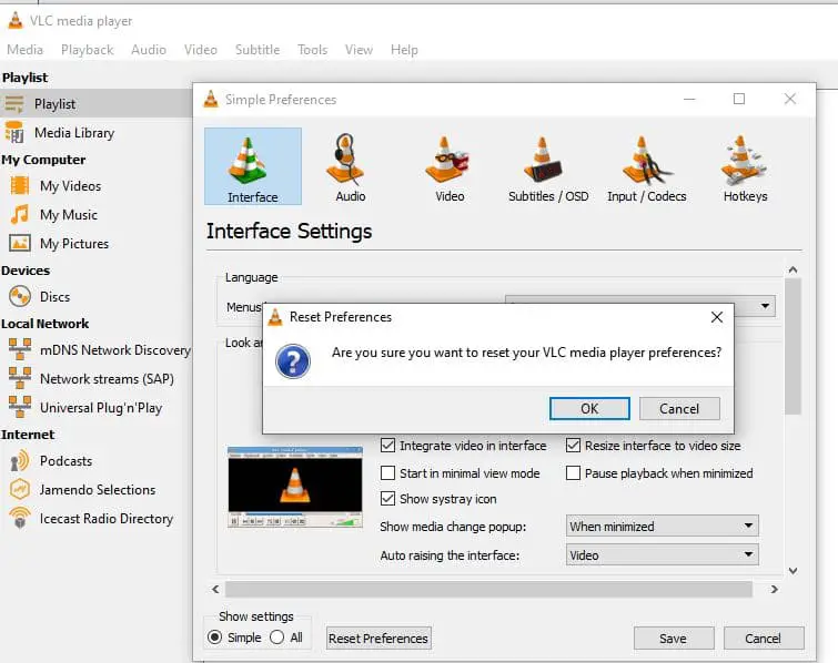 Reset VLC Preferences