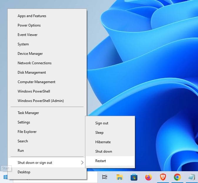 Restart from start menu win 10