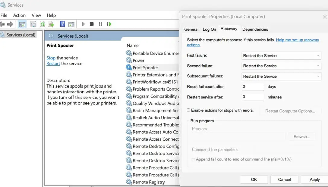 Restart print spooler on failure