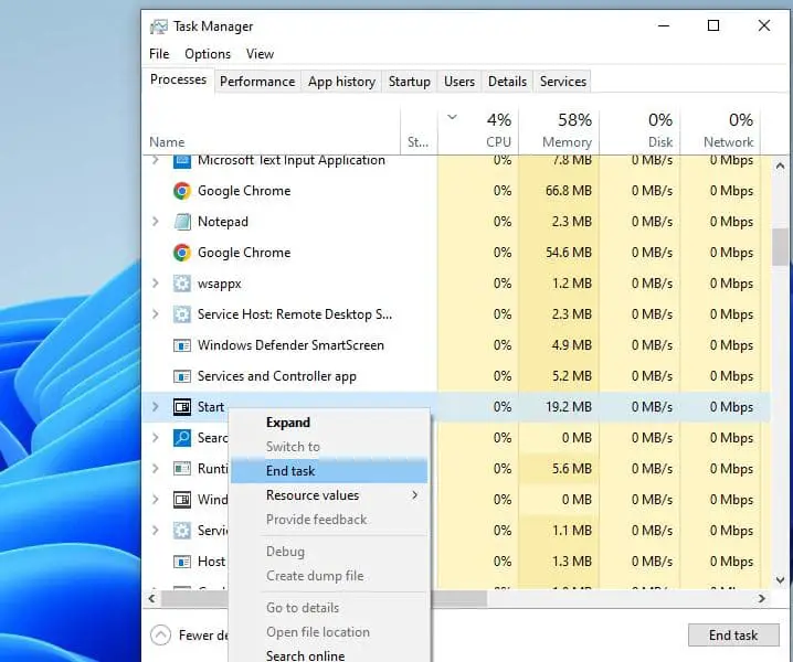 Restart start menu process