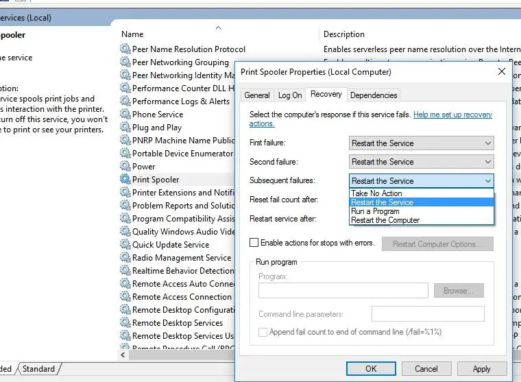 Restart subsequent failures for print spooler