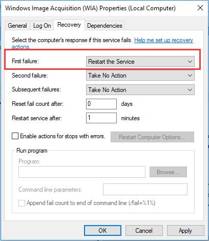 Restart WIA Service on first failure