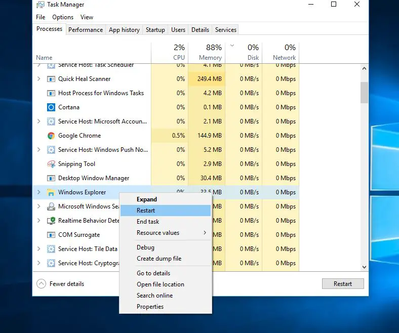 Restart windows Explorer