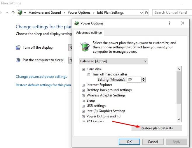 Restore power plan defaults