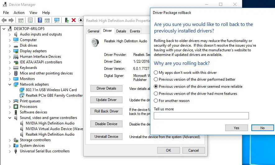 Roll Back Audio Driver option