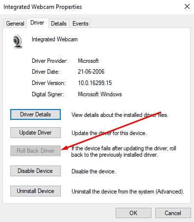 Rollback Webcam Driver