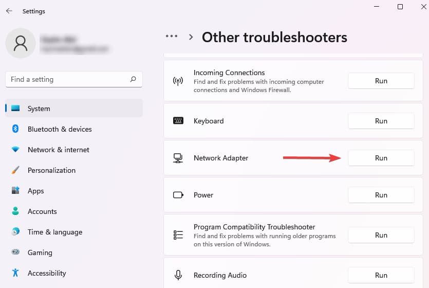 Run Network adapter troubleshooter