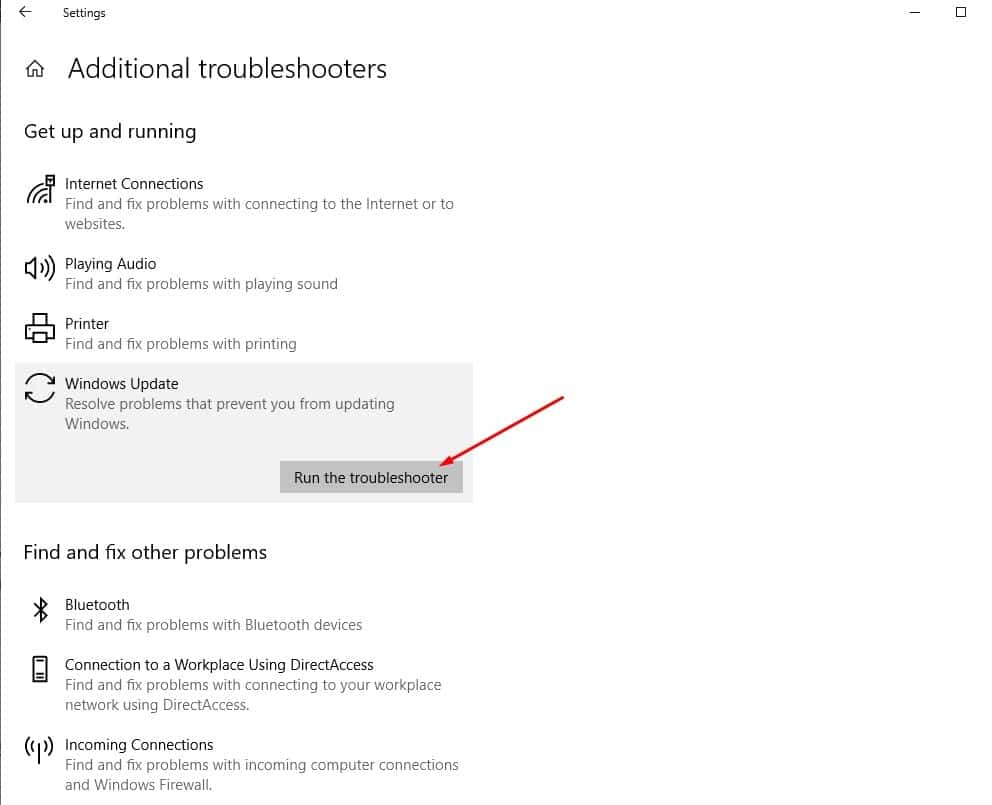 Run Windows update troubleshooter