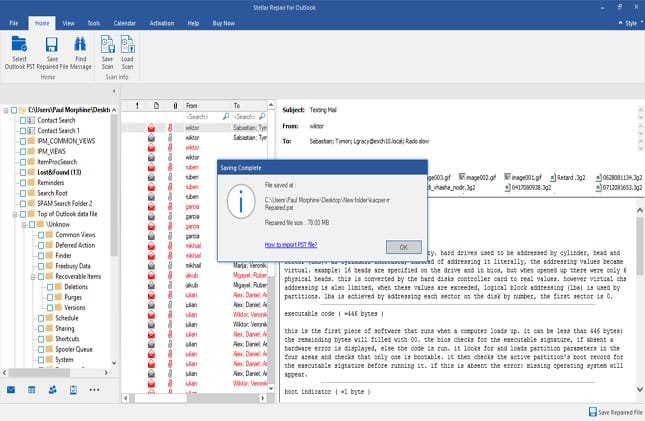 Saved successfully the repaired PST file