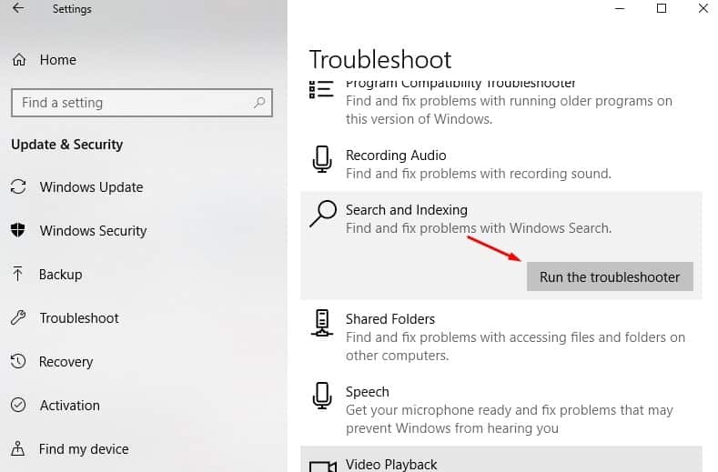 Search and indexing troubleshooter