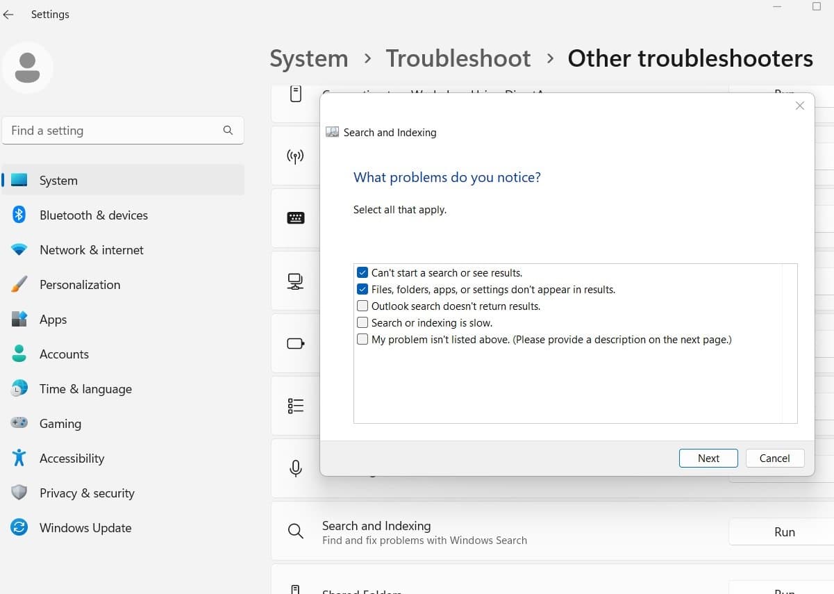 Search and indexing troubleshooter