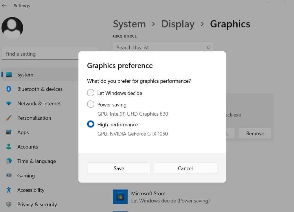 select Graphics preference