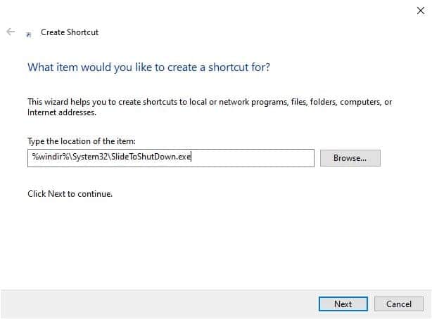 select slide to shutdown path on shortcut