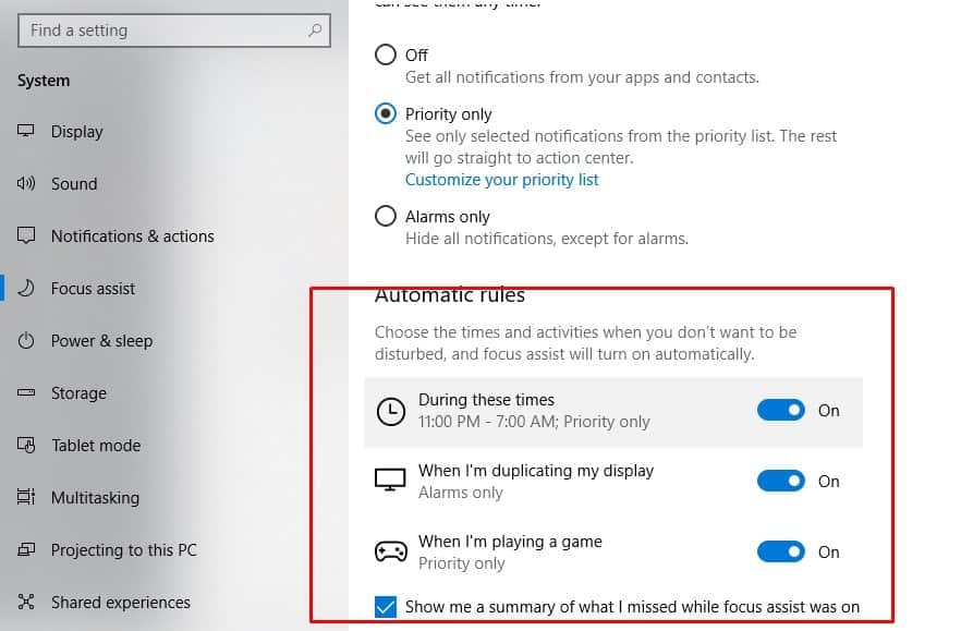 set automatic rules on focus assist