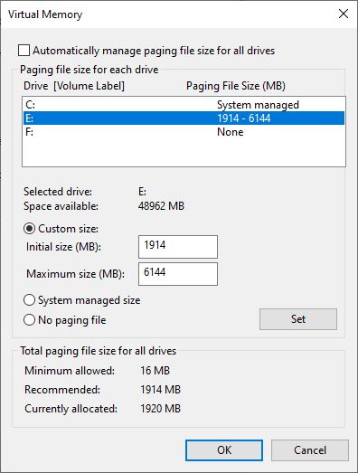 Set Virtual memory