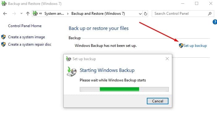 Setup backup option