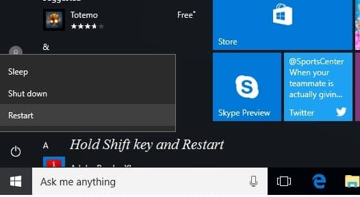 Shift Restart To Access Advance startup options