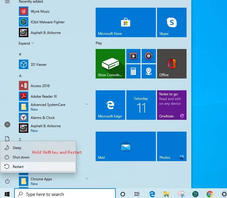 Shift Restart Windows