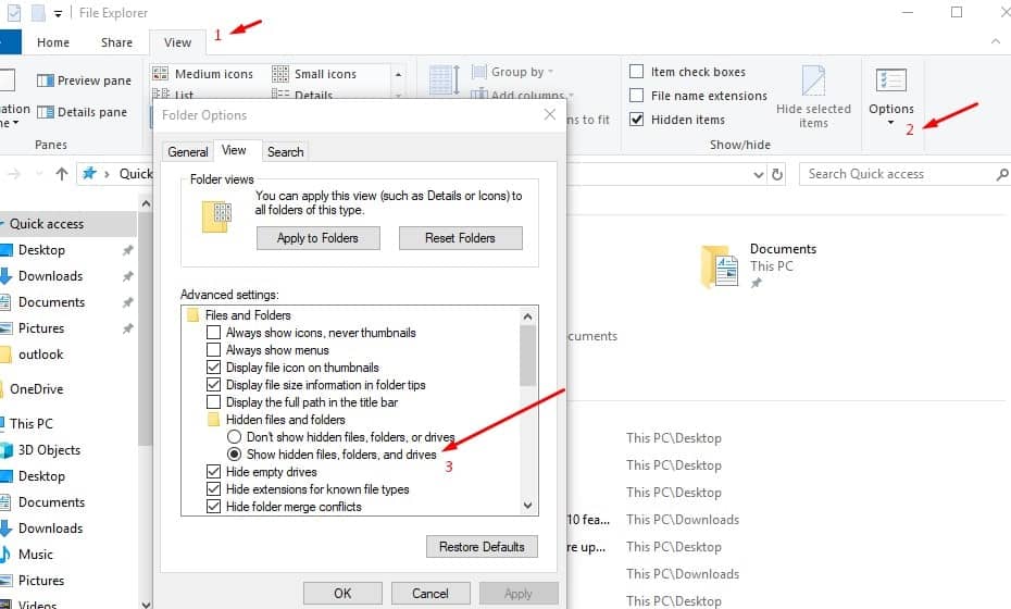 Show hidden files and folders