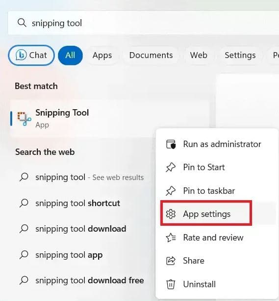 Snipping tool App settings